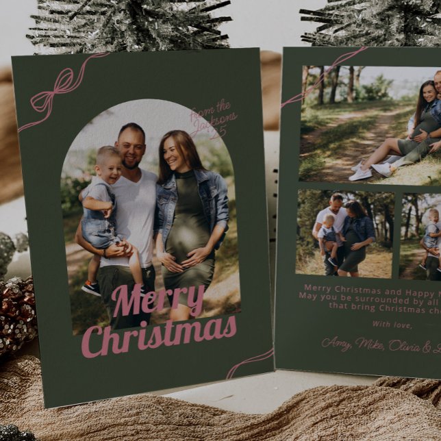 Retro Green & Pink Bow Arch Photo Christmas Holiday Card (Creator Uploaded)