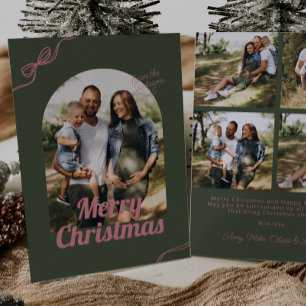Retro Green & Pink Bow Arch Photo Christmas Holiday Card