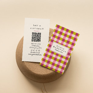 Retro Green Pink Checkered Gingham Girly QR Code Business Card