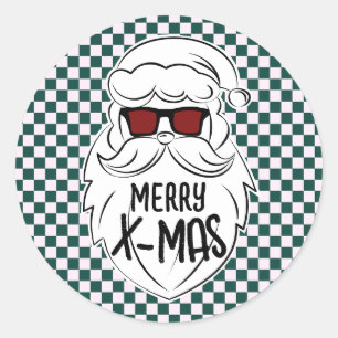 Retro Green Pink Checkered Santa Claus Christmas  Classic Round Sticker