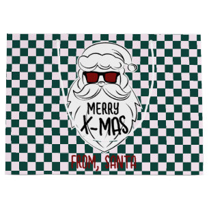 Retro Green Pink Checkered Santa Claus Christmas Large Gift Bag