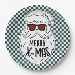 Retro Green Pink Checkered Santa Claus Christmas  Paper Plate
