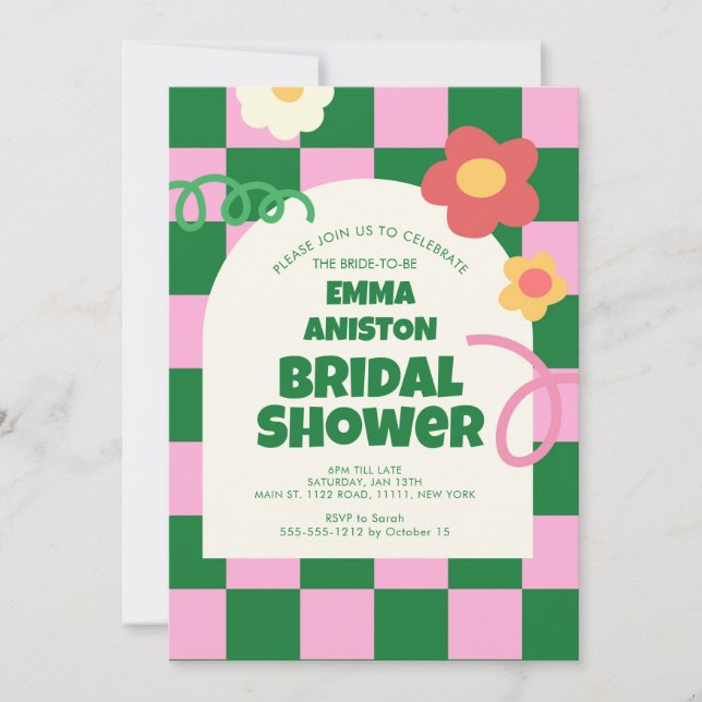 Retro Green Pink Chequered Bridal Shower Invitation (Front)