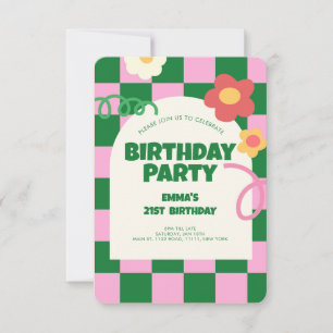 Retro Green Pink Chequered Pattern Birthday Party Invitation