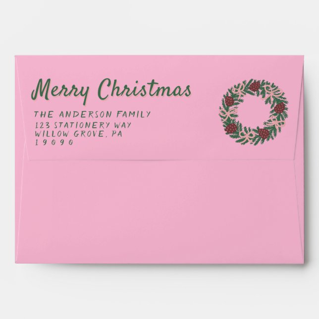 Retro Green Pink Drawn Bows Wreath Merry Christmas Envelope (Back (Top Flap))