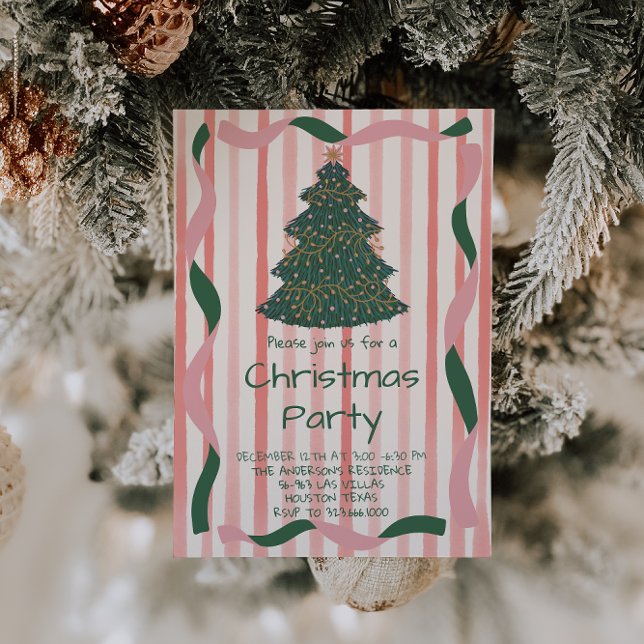 Retro Green Pink Hand Drawn Christmas Tree Party Invitation (Creator Uploaded)