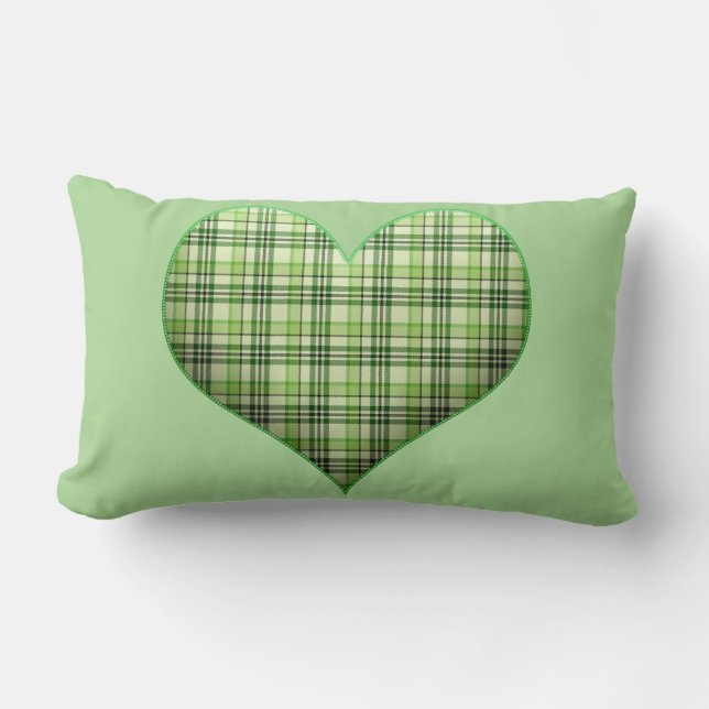 Retro green plaid puffy heart St Patrick  Lumbar Cushion (Front)