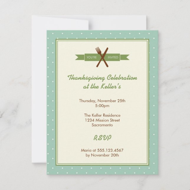 Retro green polka dots frame hostess dinner party invitation (Front)