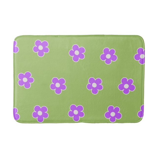 Retro Green Purple Floral Simple Flower Pattern  Bath Mat (Front)