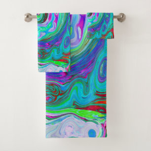 Retro Green, Red and Magenta Abstract Groovy Swirl Bath Towel Set
