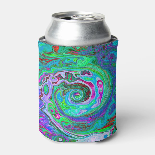 Retro Green, Red and Magenta Abstract Groovy Swirl Can Cooler (Can Front)