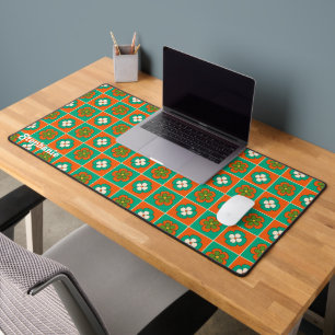Retro Green Red Groovy Flower Script Name Desk Mat