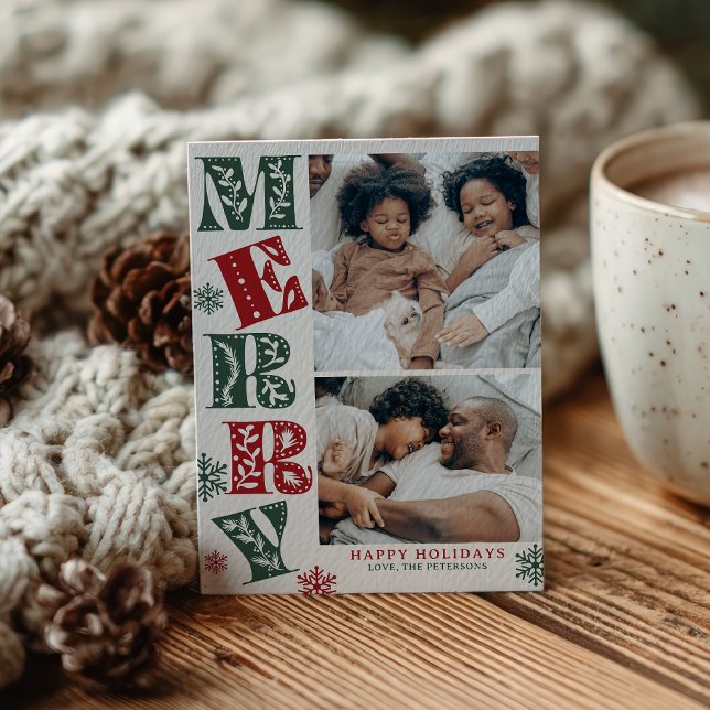 Retro Green Red Merry 2-Photo Christmas Holiday Card (Retro Green Red Merry 2-Photo Christmas Holiday Card)