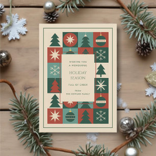 Retro Green Red Mid Mod Chequered Holiday Card 