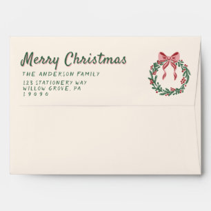 Retro Green Red Pink Bow Wreath Merry Christmas Envelope