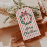 Retro Green Red Pink Drawn Bow Wreath  Christmas Gift Tags<br><div class="desc">If you are looking for a unique and beautiful easily editable Christmas gift tag. This One is perfect for you. As you see the design features a unique green hand made and drawn Christmas wreath with a pink and red ribbon bow. With green and pink hand written typography of merry...</div>