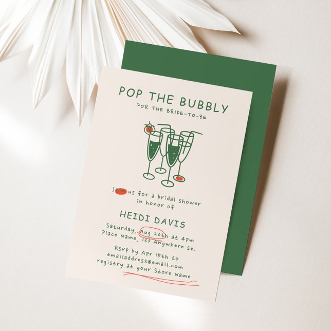 Retro Green & Red Pop The Bubbly Bridal Shower Invitation (Retro Green & Red Pop The Bubbly Bridal Shower Invitation)