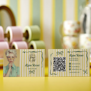 Retro Green Striped Quirky Hair photo qr code Logo Business Card