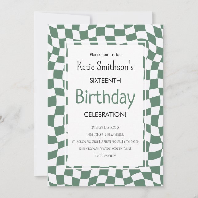 Retro Green Wavy Check Birthday Invitation (Front)