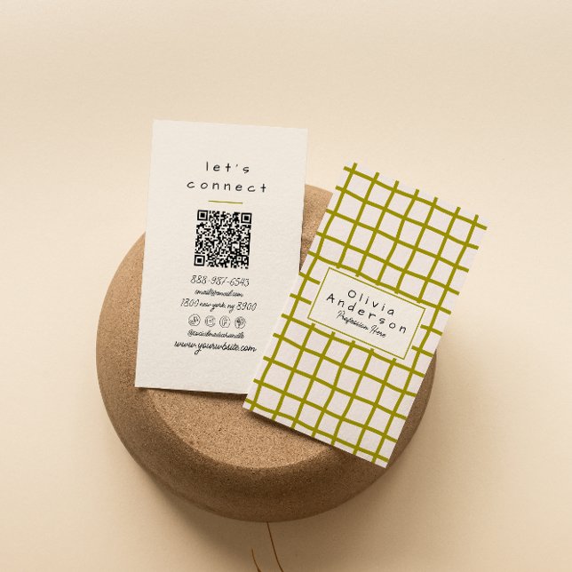 Retro Green Wavy Chequered Trendy Boho QR Code Business Card (Creator Uploaded)