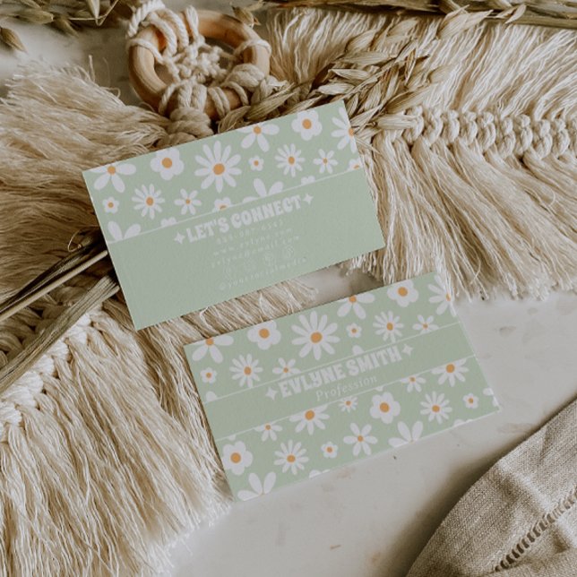Retro Green White Groovy Floral Boho Unique Trendy Business Card (Creator Uploaded)