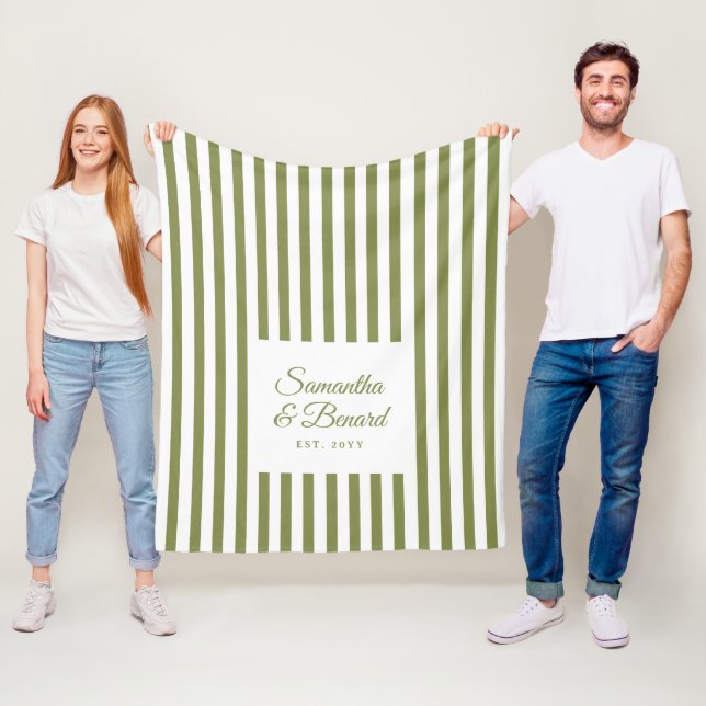 Retro Green White  Stripes Personalised Wedding Fleece Blanket (In Situ)