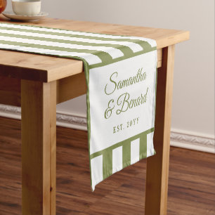 Retro Green White Stripes Personalised Wedding Short Table Runner