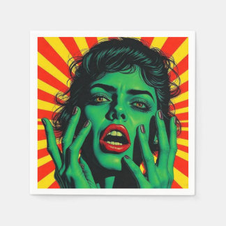 Retro green woman pop art style napkin