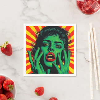Retro green woman pop art style napkin