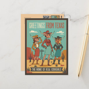 Retro Greetings from Texas Cowgirls Travel Postcard