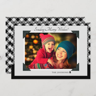 Retro Grey & Black Buffalo Check Christmas Photo Holiday Card