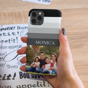 Retro Grey Black Stripe Photo monogram Case-Mate iPhone 14 Case
