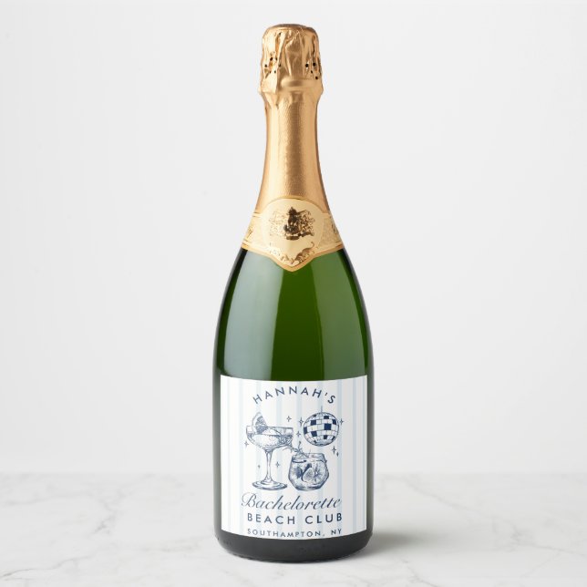 Retro Grey & Blue Stripes Bachelorette Sparkling Sparkling Wine Label (Front)