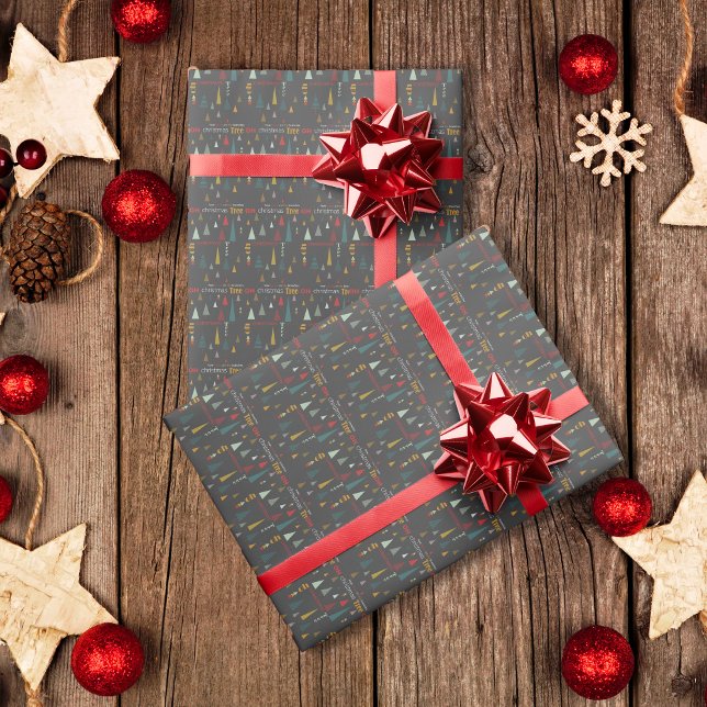 Retro Grey Colourful Oh Christmas Tree Holiday Wrapping Paper (Creator Uploaded)