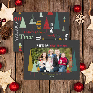 Retro Grey Colourful Oh Christmas Tree Photocard Invitation