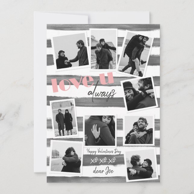 Retro grey custom 9 Couple Photos "love u always" Holiday Card (Front)