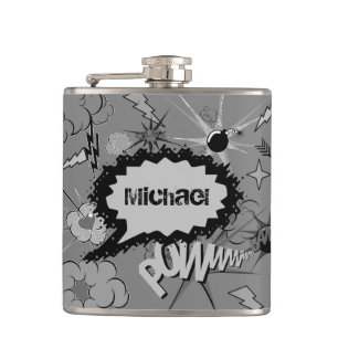 Retro Grey Custom Comic Book Pattern Personalised Hip Flask
