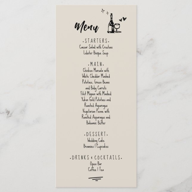 Retro Grey Hand Drawn Illustrated Wedding  Menu (Front)