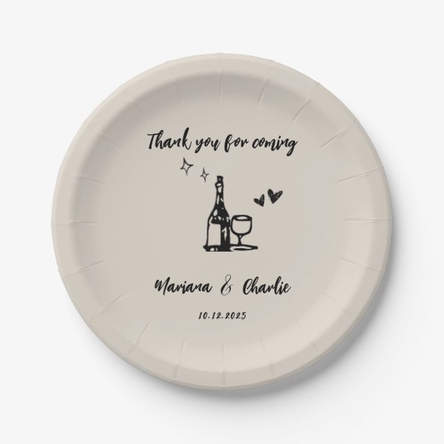 Retro Grey Hand Drawn Illustrated Wedding Paper Plate (Front)
