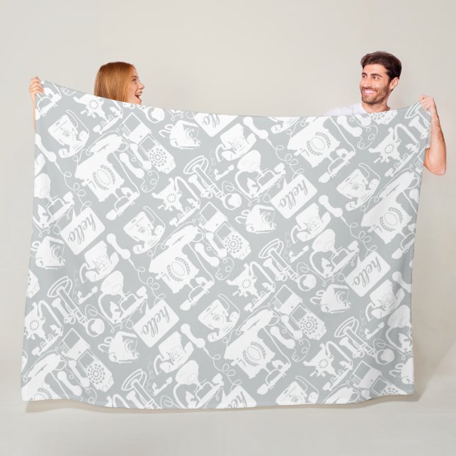 Retro Grey or any colour & White Telephone Pattern Fleece Blanket (In Situ)