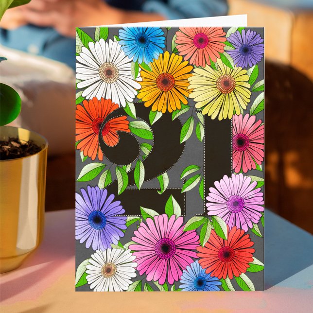 Retro Grey Personalised 21st Birthday Floral Card (Creator Uploaded)