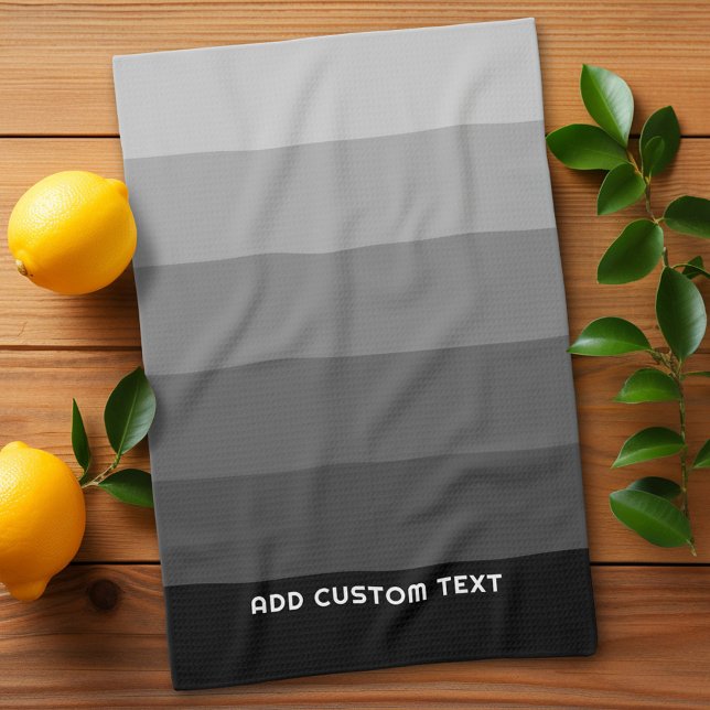 Retro Grey Stripes with Simple Sans Serif Name Tea Towel (Retro Stripes Custom Kitchen Towel)