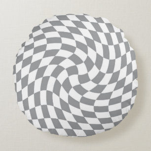 Retro Grey White Checks Warped Chequered Round Cushion