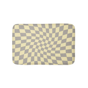 Retro Grey Yellow Chequered Warped Chequerboard  Bath Mat