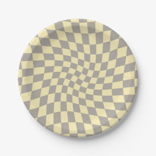 Retro Grey Yellow Pastel Warped Chequerboard    Paper Plate