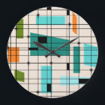 Retro Grid & Starbursts Acrylic Wall Clock<br><div class="desc">This Retro Grid and Starbursts Acrylic Wall Clock is where vintage style meets modern day. It features a cream coloured background with kitschy, off kilter squares and rectangles in teal, turquoise, This light blue, orange, and avocado green. The whimsical blocks of colour are overlayed are worked into some of the...</div>
