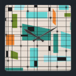 Retro Grid & Starbursts Acrylic Wall Clock<br><div class="desc">This Retro Grid and Starbursts Acrylic Wall Clock is where vintage style meets modern day. It features a cream coloured background with kitschy, off kilter squares and rectangles in teal, turquoise, This light blue, orange, and avocado green. The whimsical blocks of colour are overlayed are worked into some of the...</div>