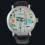 Retro Grid & Starbursts Men's Watch<br><div class="desc">This Retro Grid and Starbursts Men's Watch is where vintage style meets modern day. It features a cream coloured background with kitschy, off kilter squares and rectangles in teal, turquoise, This light blue, orange, and avocado green. The whimsical blocks of colour are overlayed are worked into some of the grid...</div>