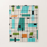 Retro Grid & Starbursts Puzzle<br><div class="desc">This Retro Grid and Starbursts Puzzle is where vintage style meets modern day. It features a cream coloured background with kitschy, off kilter squares and rectangles in teal, turquoise, This light blue, orange, and avocado green. The whimsical blocks of colour are overlayed are worked into some of the grid intersections....</div>