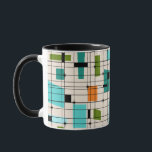 Retro Grid & Starbursts Ringer Mug<br><div class="desc">This Retro Grid and Starbursts Ringer Mug is where vintage style meets modern day. It features a cream coloured background with kitschy, off kilter squares and rectangles in teal, turquoise, This light blue, orange, and avocado green. The whimsical blocks of colour are overlayed are worked into some of the grid...</div>